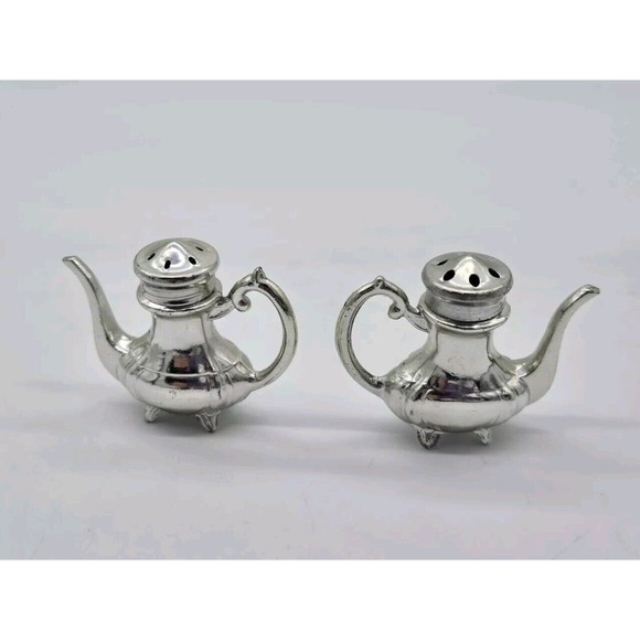 Vintage Miniature Teapot Souvenir Salt & Pepper Shakers Heavy Metal Silver 1.5" - Picture 6 of 8